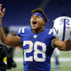 Jonathan Taylor #28 of the Indianapolis Colts reacts during the second half at Lucas Oil Stadium against the New York Jets on November 04, 2021 in Indianapolis, Indiana.